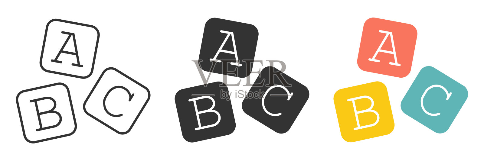 木制字母立方体与A,B,C字母图标。孩子们游戏的象征。符号学习块婴儿向量。图标素材