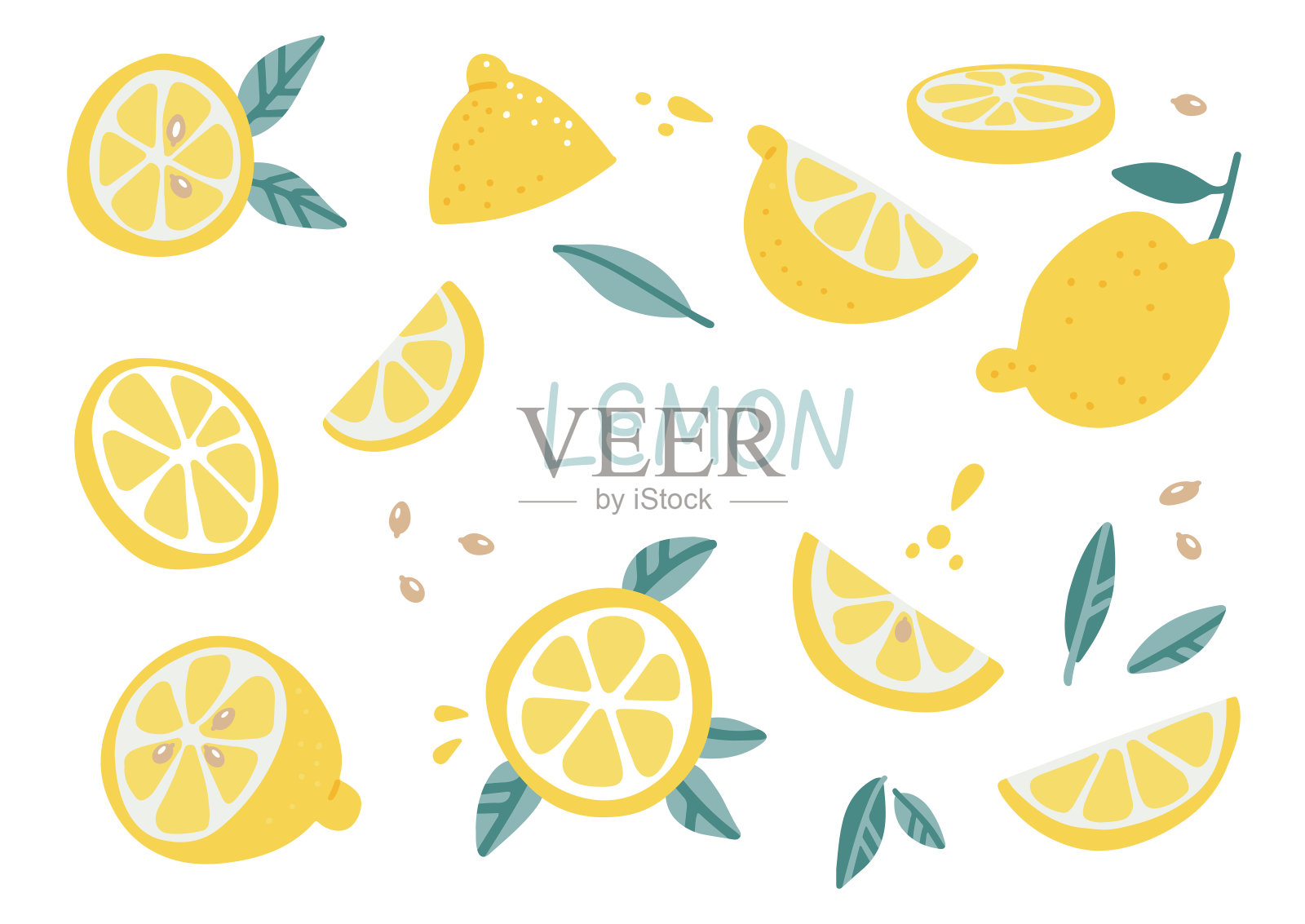 设置柠檬水果元素孤立在白色背景上。摘要现代夏季有机食品。排毒果汁集合。矢量手绘平面插图。插画图片素材