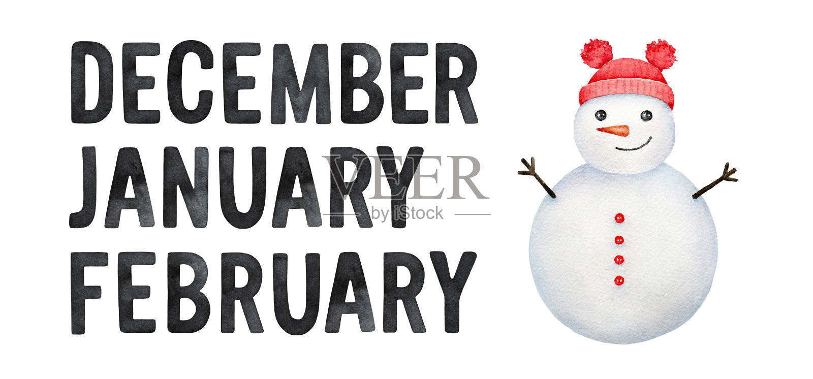水彩插画集的三个冬天的月字:十二月、一月和二月,装饰着有趣的雪人。插画图片素材