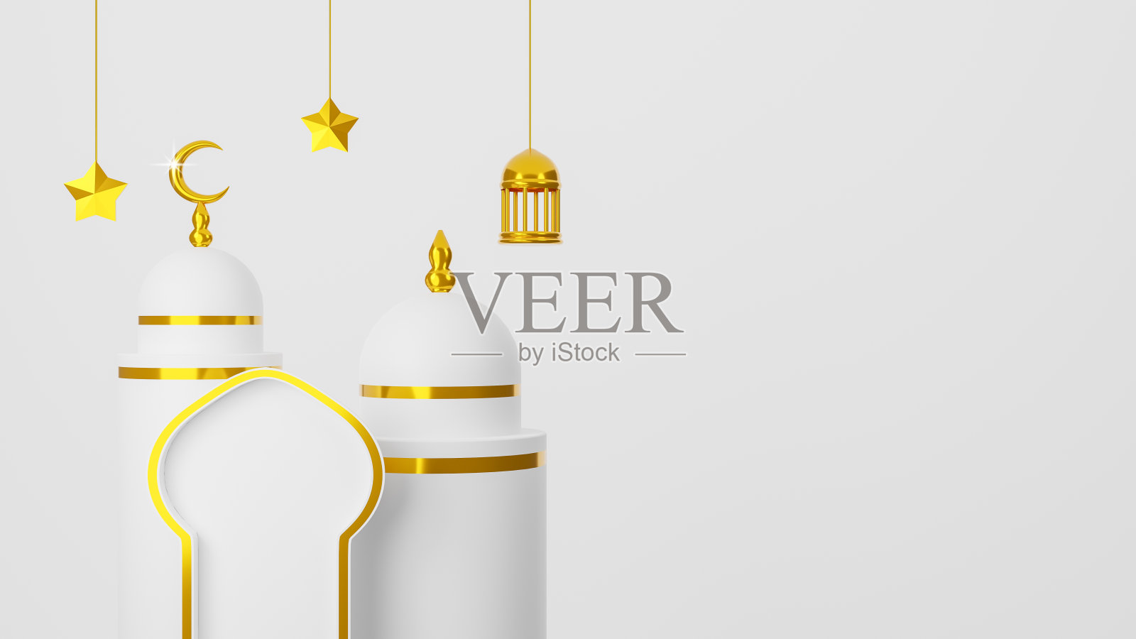 Ramadan Kareem,设计清真寺圆顶和金色的月亮,白色背景上的金色灯笼。三维渲染照片摄影图片
