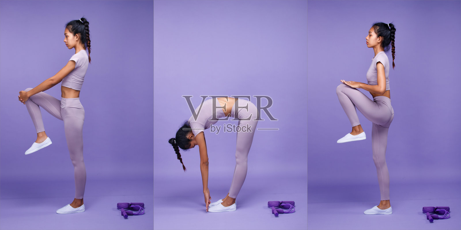 拼贴全身亚洲身材苗条晒黑肌肤健身女性热身伸展ABS手臂照片摄影图片