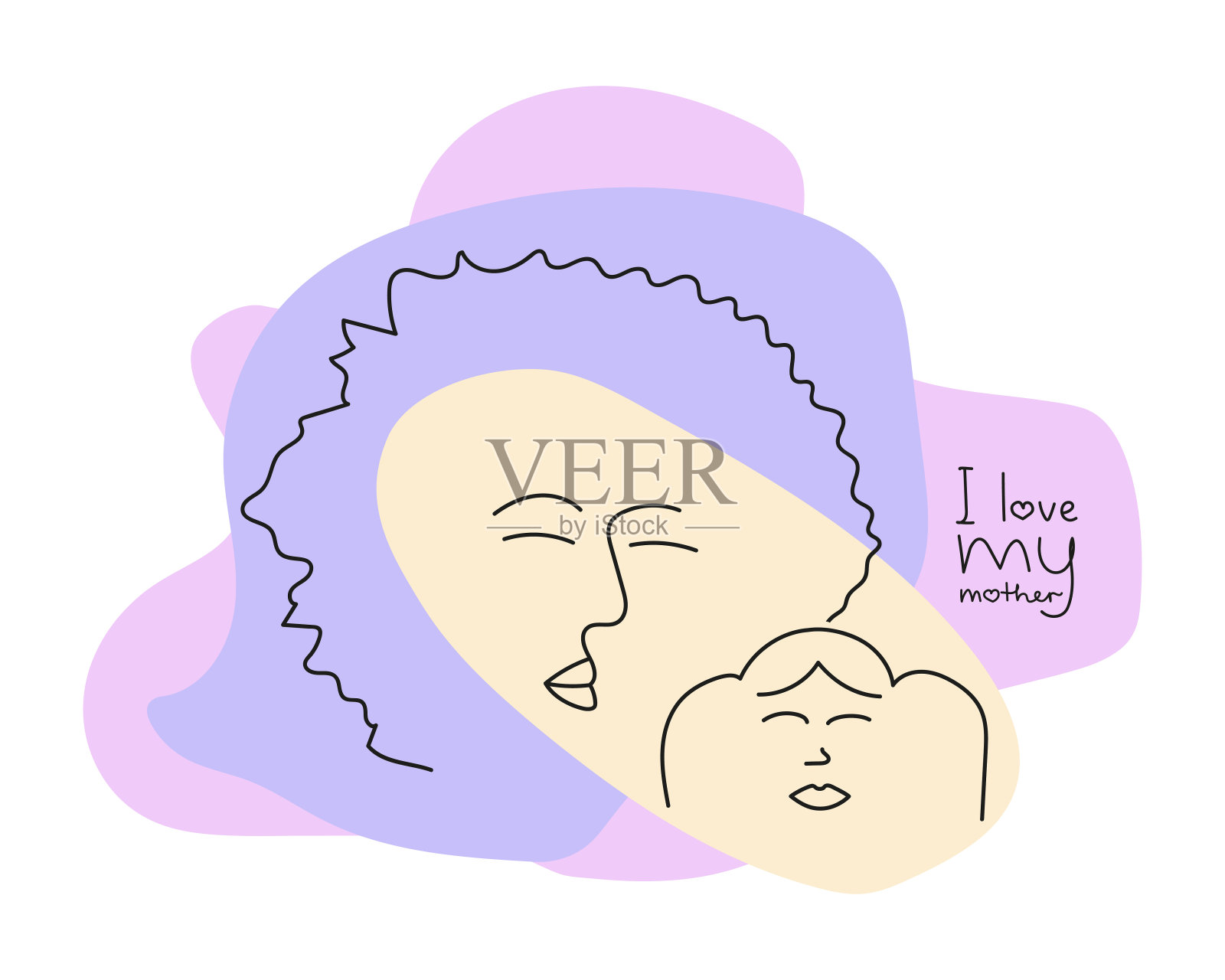 明信片在直线艺术风格。母亲和孩子的头。题词我爱我的妈妈。矢量图插画图片素材
