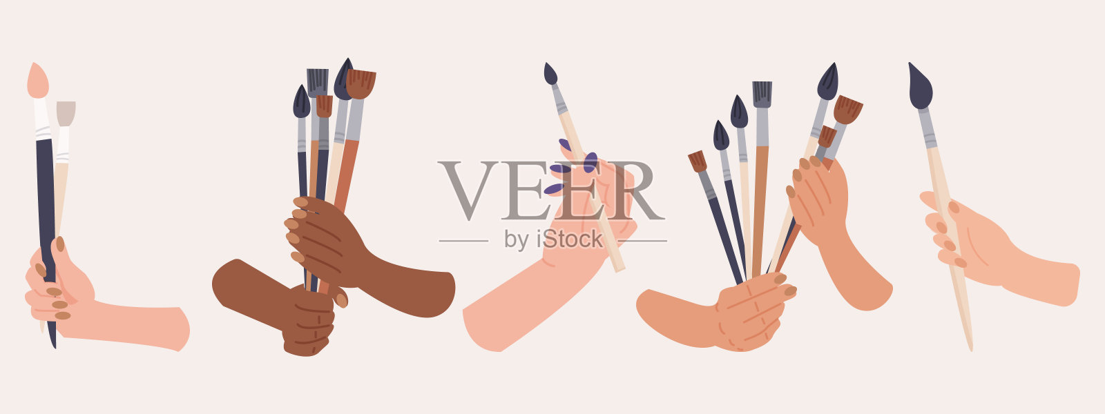 womanâ手拿美术用品的插图。手绘的风格。概念艺术商店,手工作坊,教程或艺术学校。手,手掌,指甲,手腕,手指。矢量图插画图片素材