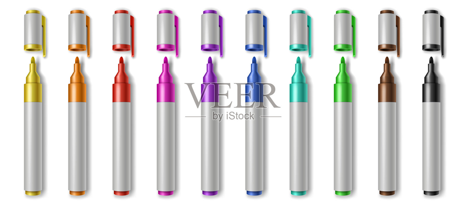 现实的彩色标记与开放的caps,绘制钢笔调色板。文具笔用设置插画图片素材