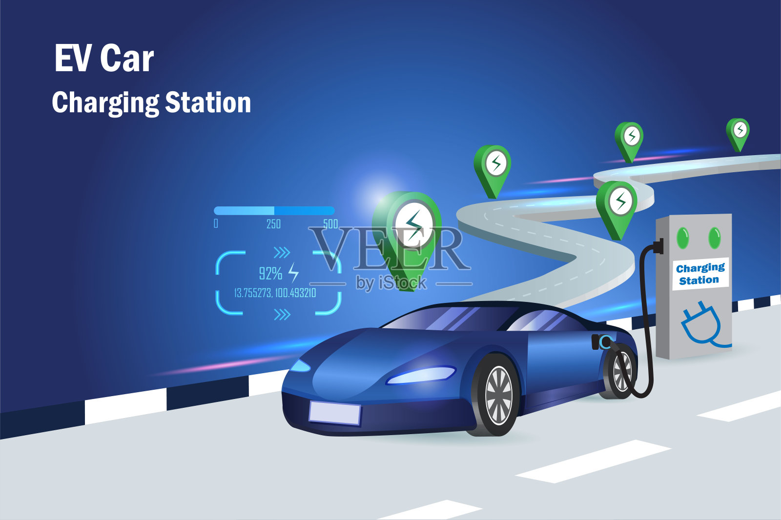 电动汽车充电站:在道路上行驶的电动汽车,带有GPS定位系统,并设有充电站。交通技术中的可替代可持续能源。插画图片素材