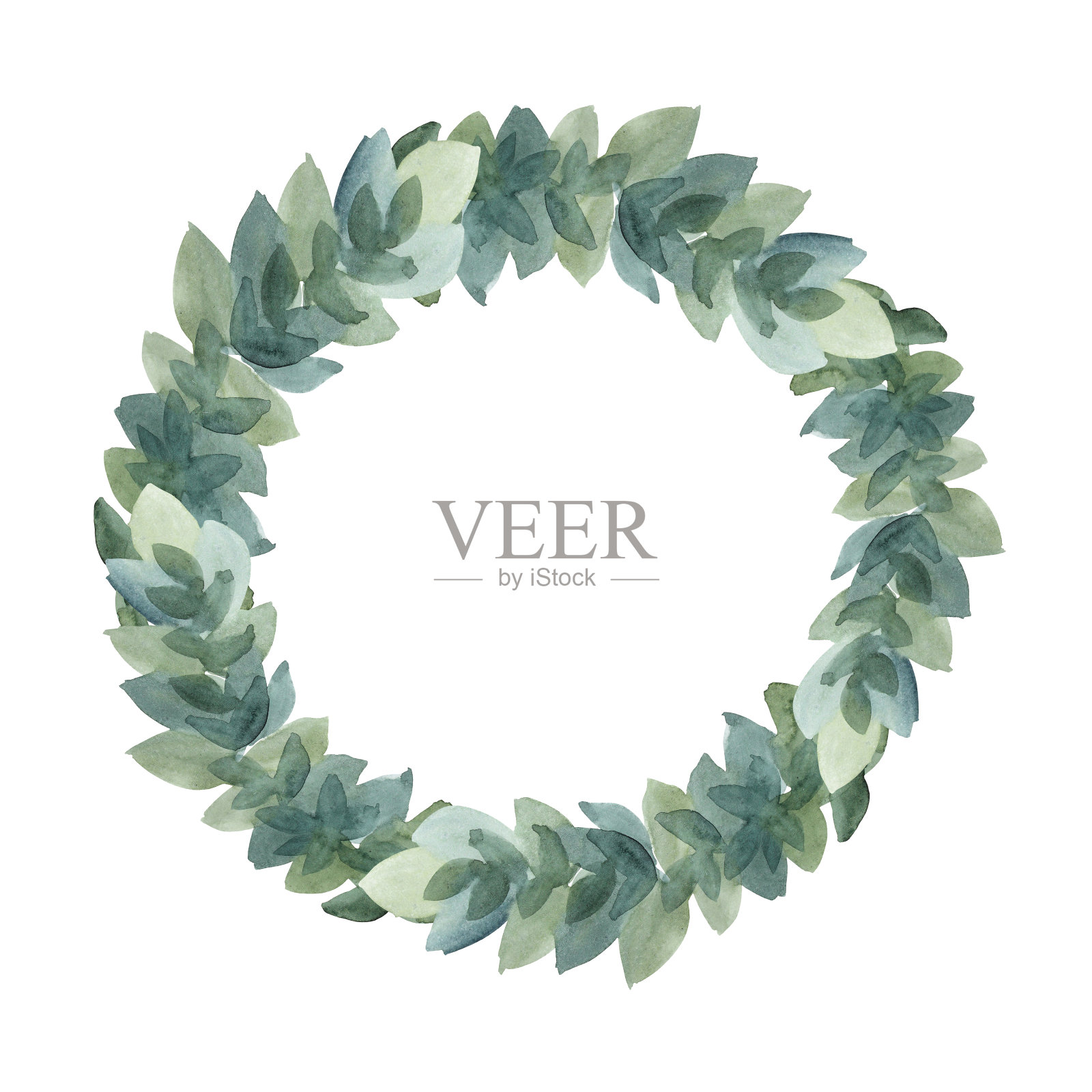 水彩圆框边框模板的设计。绿色蓝色抽象枝与叶孤立在白色背景。手绘春夏季植物。剪纸为婚礼3月8日邀请插画图片素材