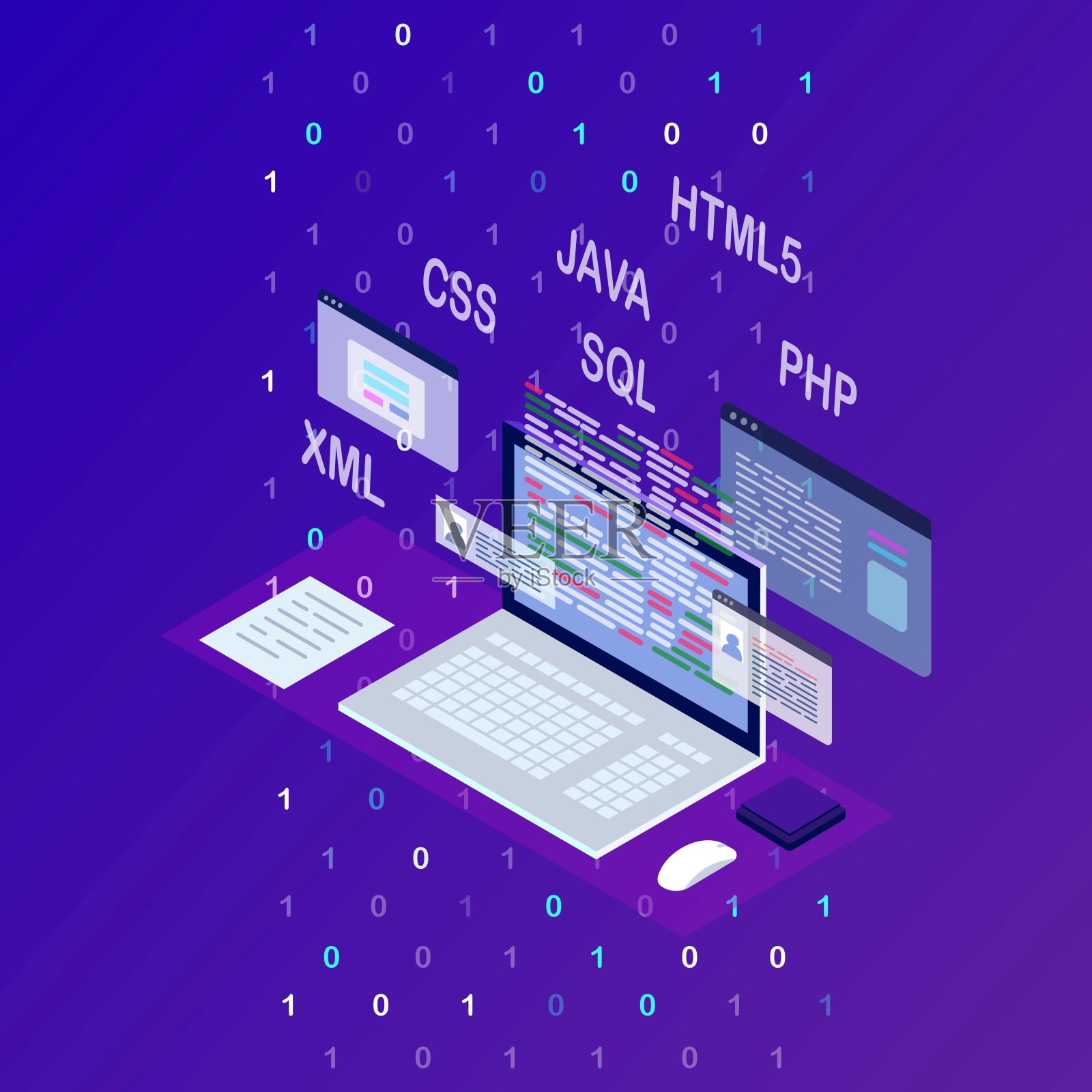 软件开发,编程语言,编码。数字技术。等距的笔记本电脑,电脑。矢量设计插画图片素材