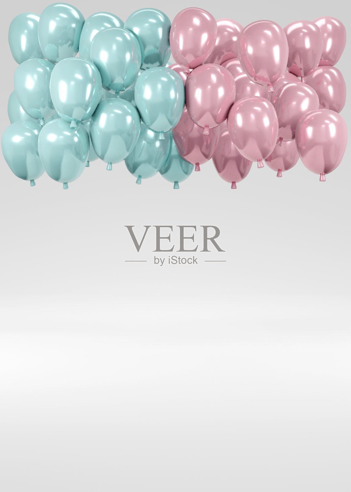 三维渲染概念的性别揭示气球的背景。现实的粉彩蓝色和粉色气球漂浮在白色背景的房间工作室。3 d渲染。3 d演示。最小的创意概念。照片摄影图片
