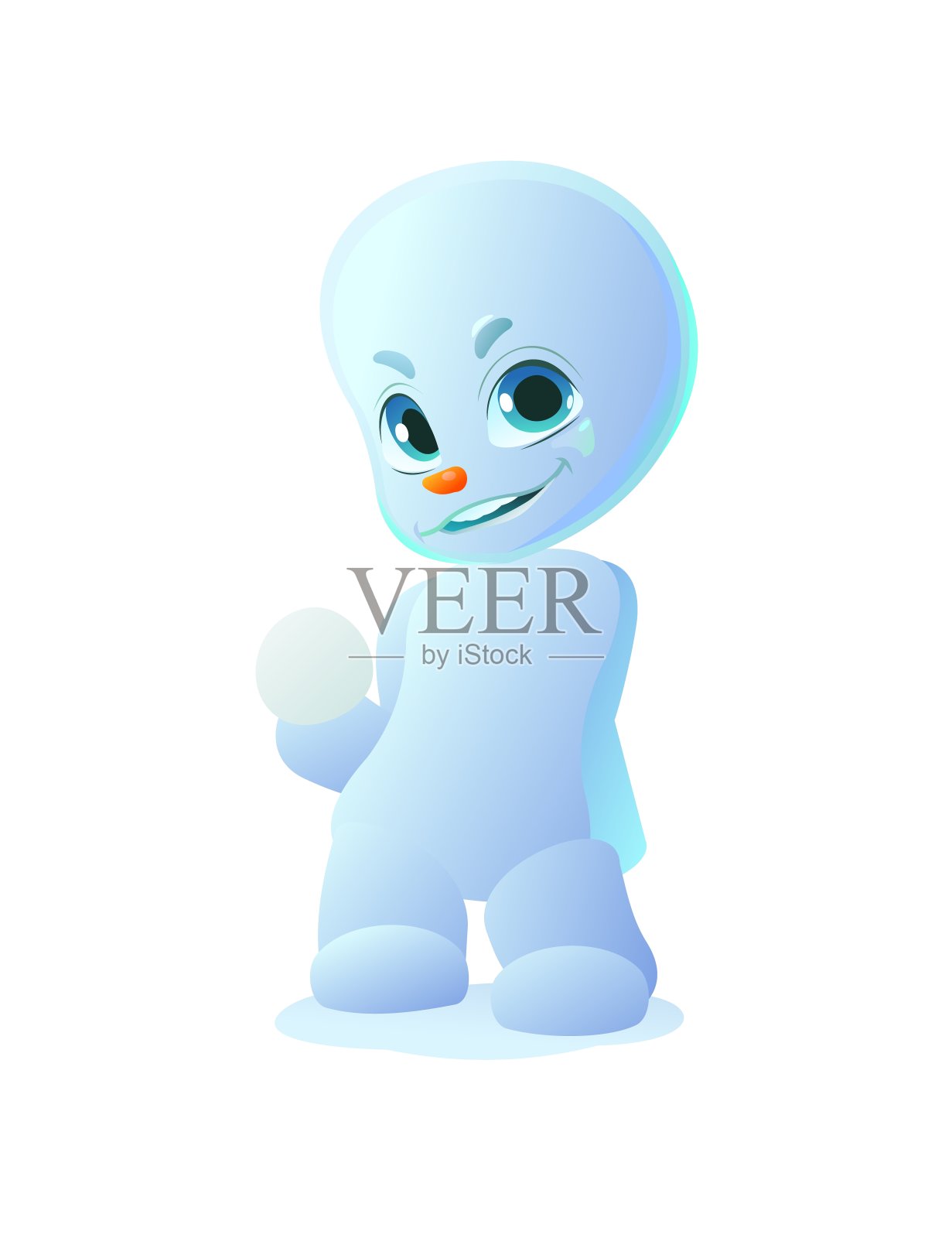 小雪人想扔雪球。卡通人物站着微笑。有趣的风格。孩子的孩子。孤立的白色背景。向量插画图片素材