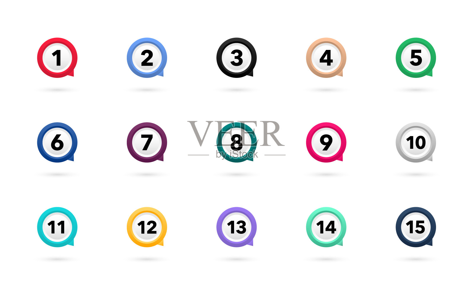 标记点,信息标记。彩色标记,数字从1到15。标记设置在白色背景。矢量插图。图标素材