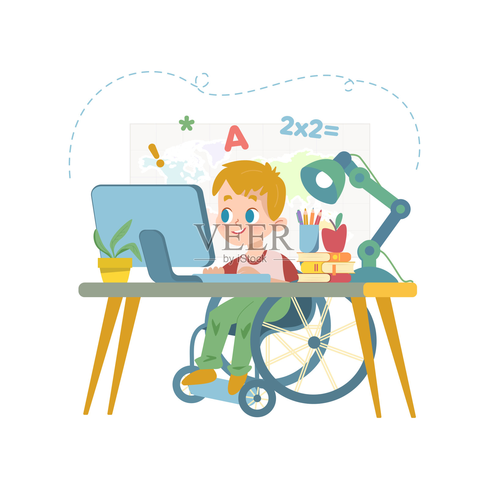 坐轮椅的金发男孩在家学习。家庭教育的概念插画图片素材