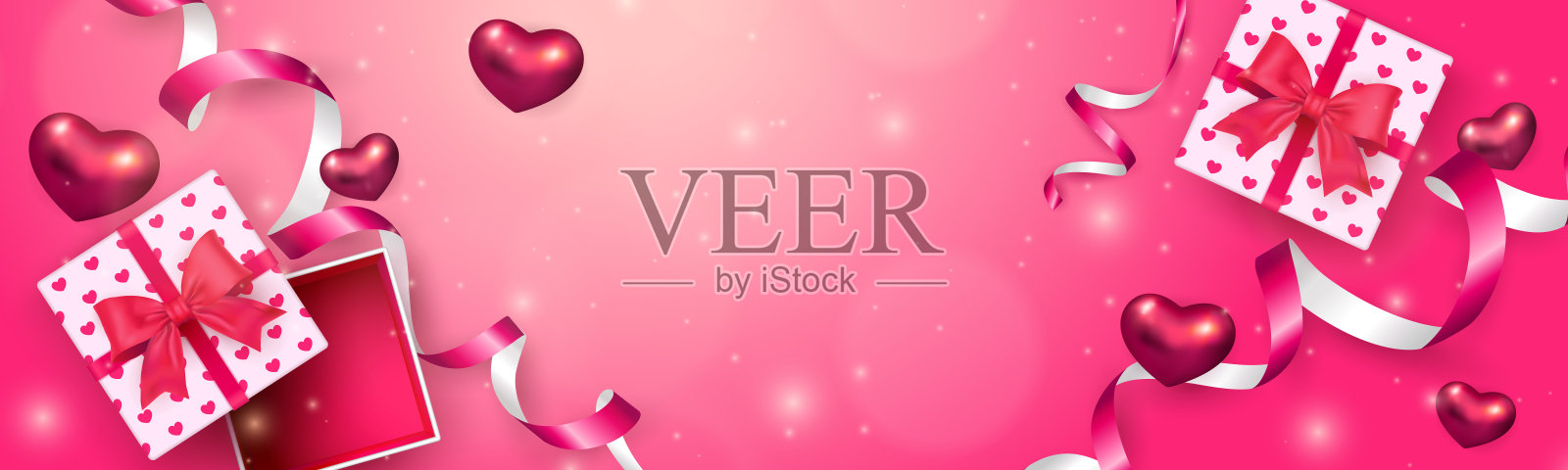 赠送礼盒粉红红丝带花和爱心,散景闪光的背景照片摄影图片