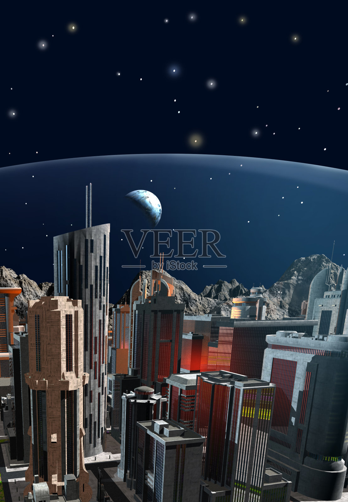 月球上的未来之城穹顶下,3d插图照片摄影图片