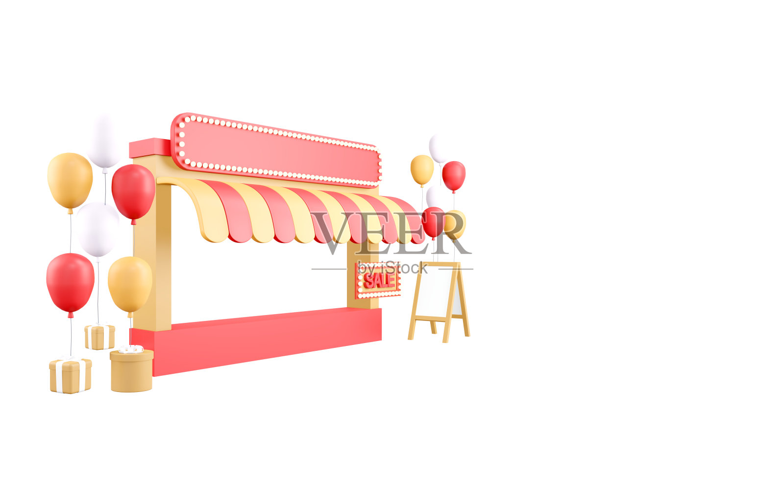 3d渲染商店前商店广告孤立在白色的商业设计。3d渲染插图卡通风格。照片摄影图片