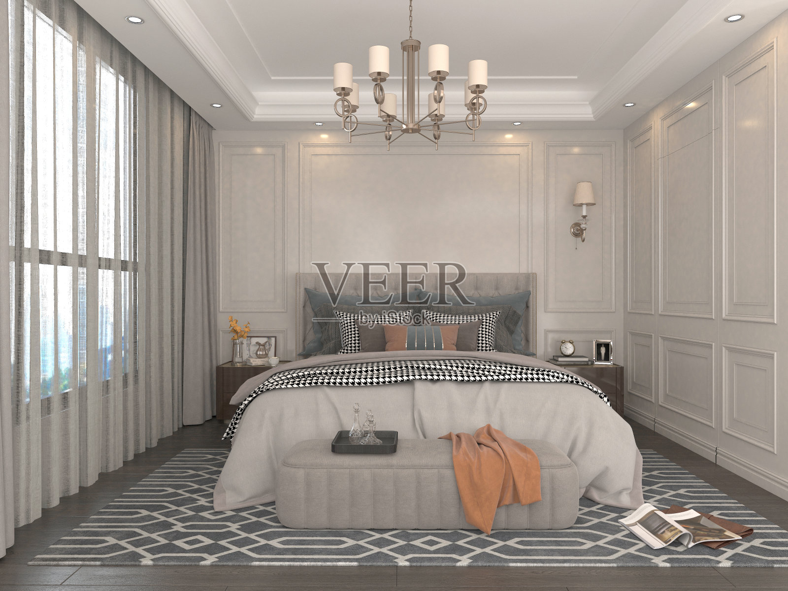 3 d渲染。现代卧室室内场景。照片摄影图片