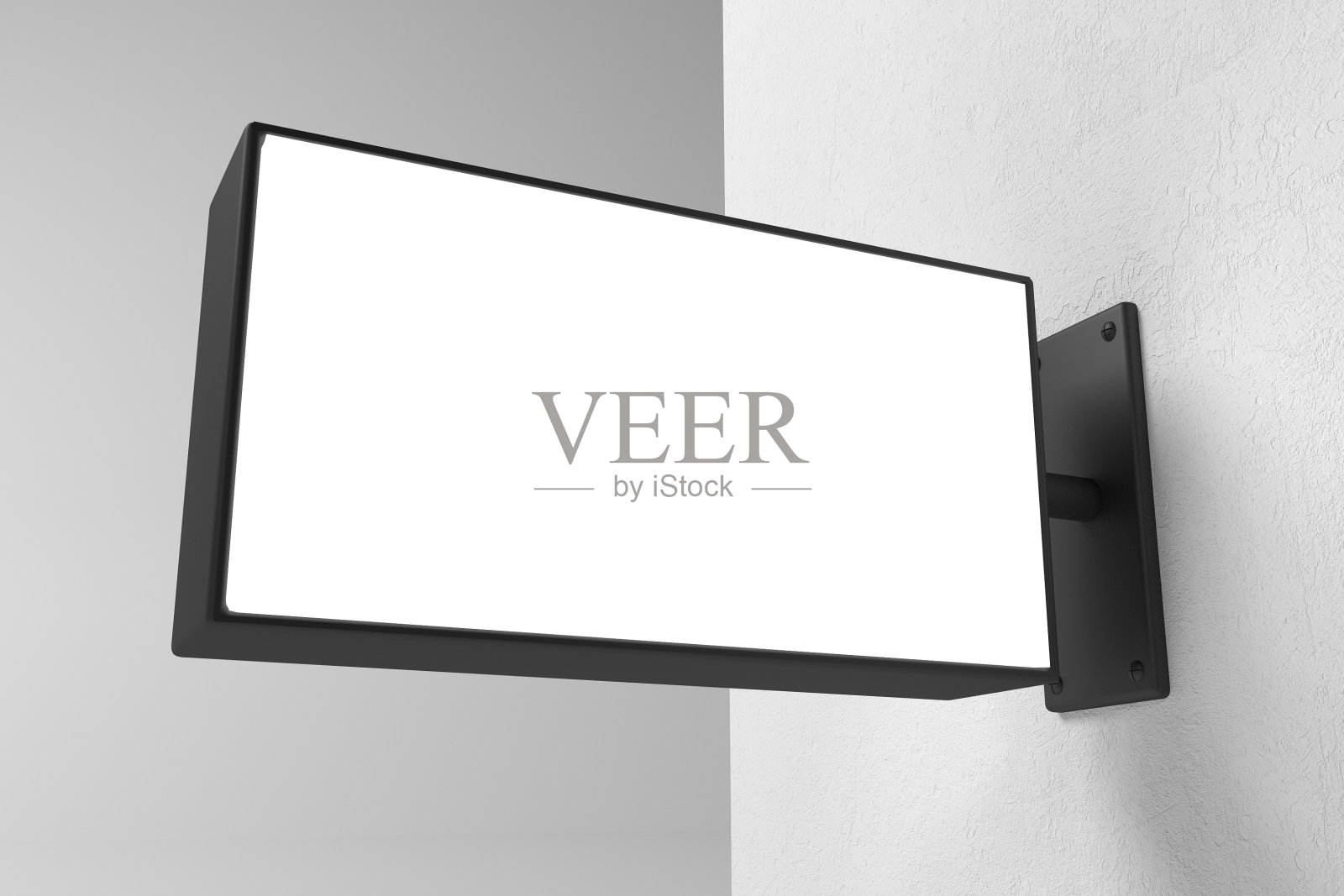 一个悬挂黑色墙壁标志的3d渲染,矩形广告牌,在灰色背景上的招牌照片摄影图片