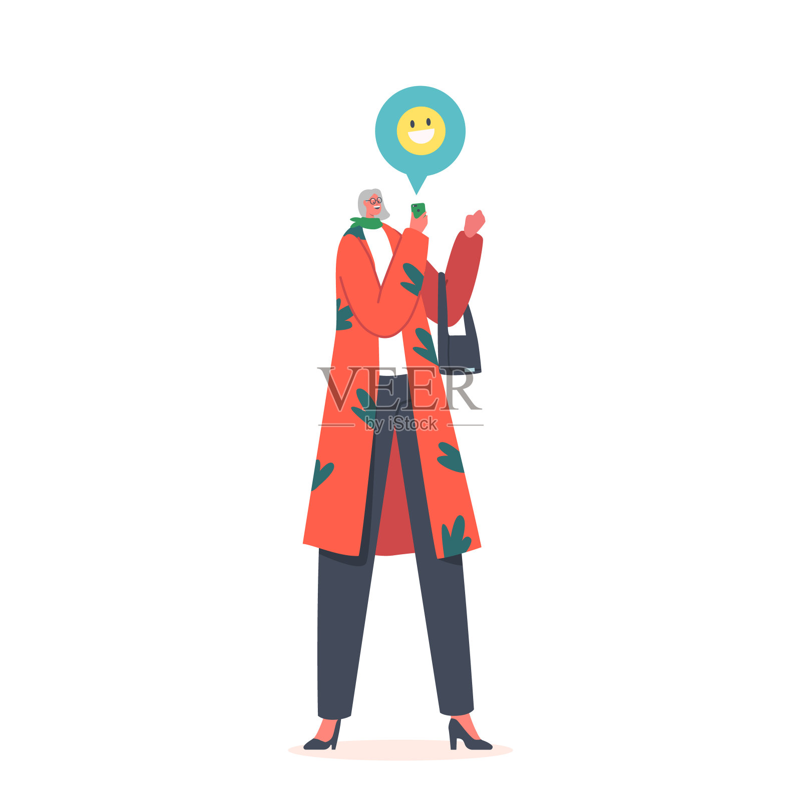 老年时尚女士用智能手机说话,在社交网络中交流。高级女性角色浏览互联网插画图片素材