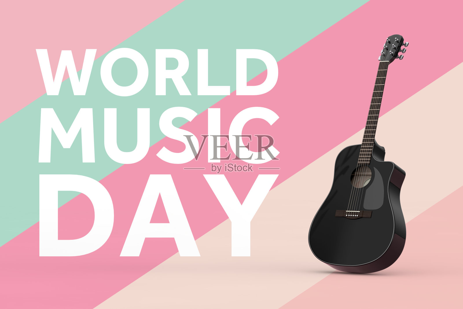 世界音乐日概念。黑色木制原声吉他和世界音乐日标志。3d渲染照片摄影图片