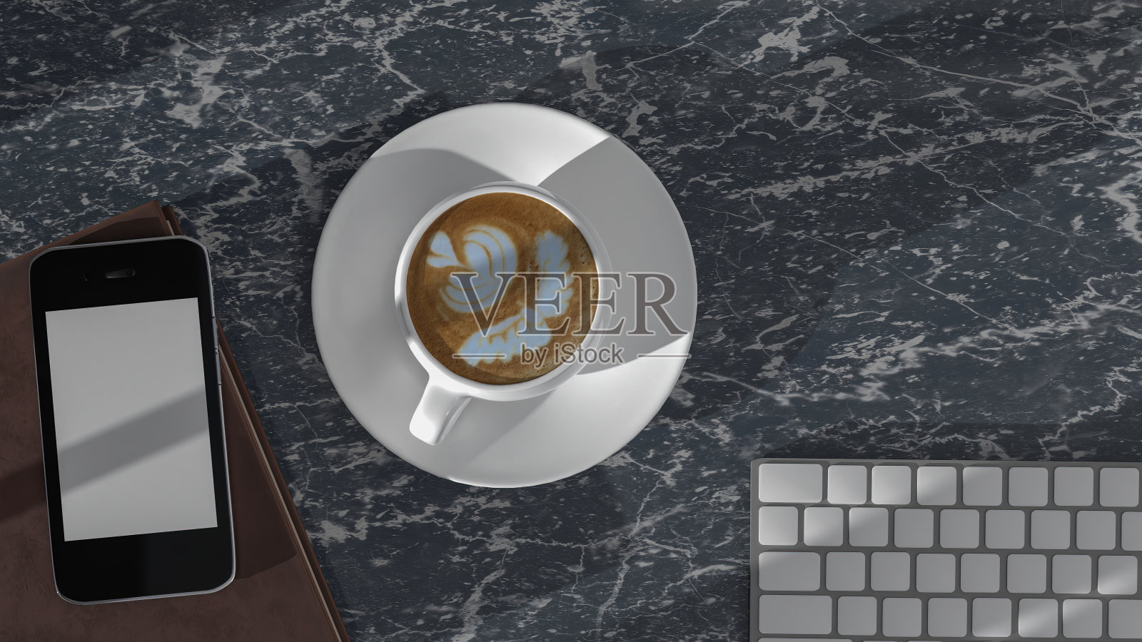 工作台面,大理石背景,笔记本电脑,咖啡杯,键盘,鼠标和手机。照片摄影图片