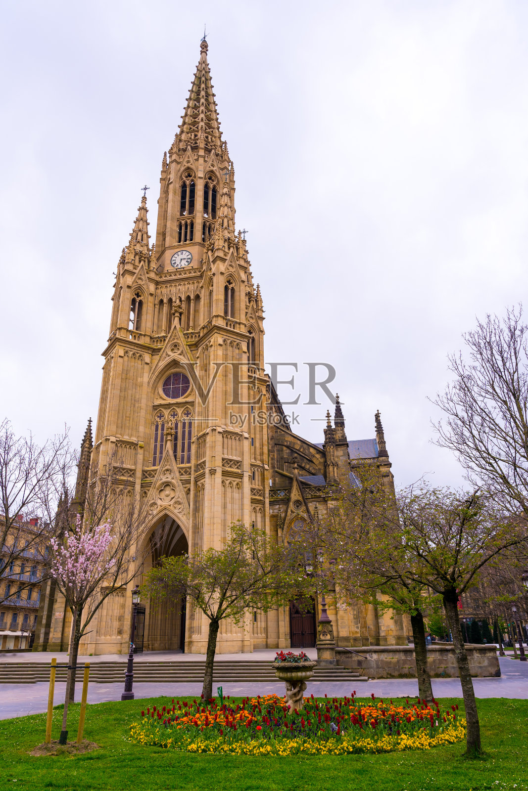 在城市中心Gipuzkoa的Buen Pastor教堂旁边的圣塞巴斯蒂安市的花园,春天的花朵。西班牙照片摄影图片