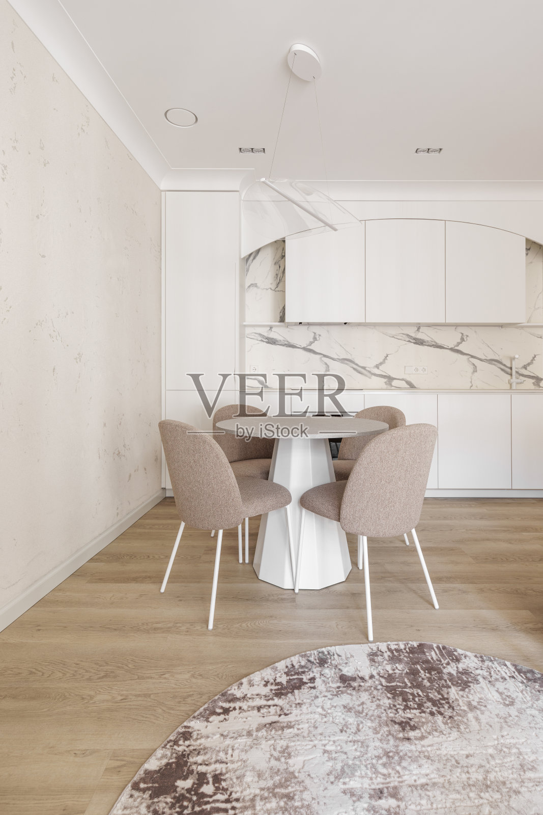 现代客厅室内柔和的颜色与圆形餐桌,米色椅子,奶油白色的厨房家具。时尚简约的室内概念照片摄影图片