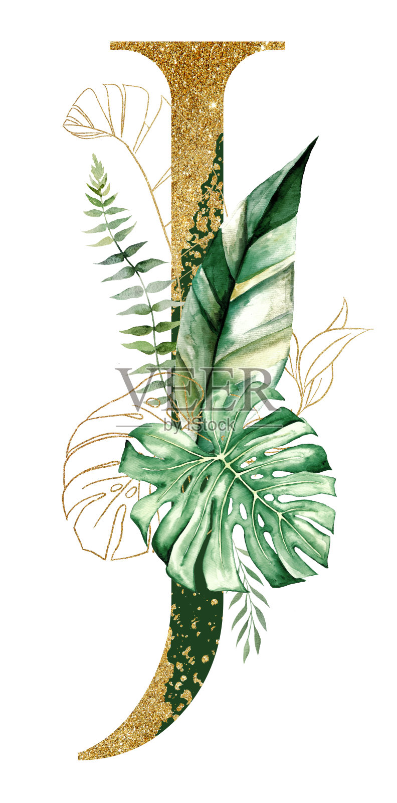 金字J饰以绿色和金色的水彩热带树叶隔离插画图片素材