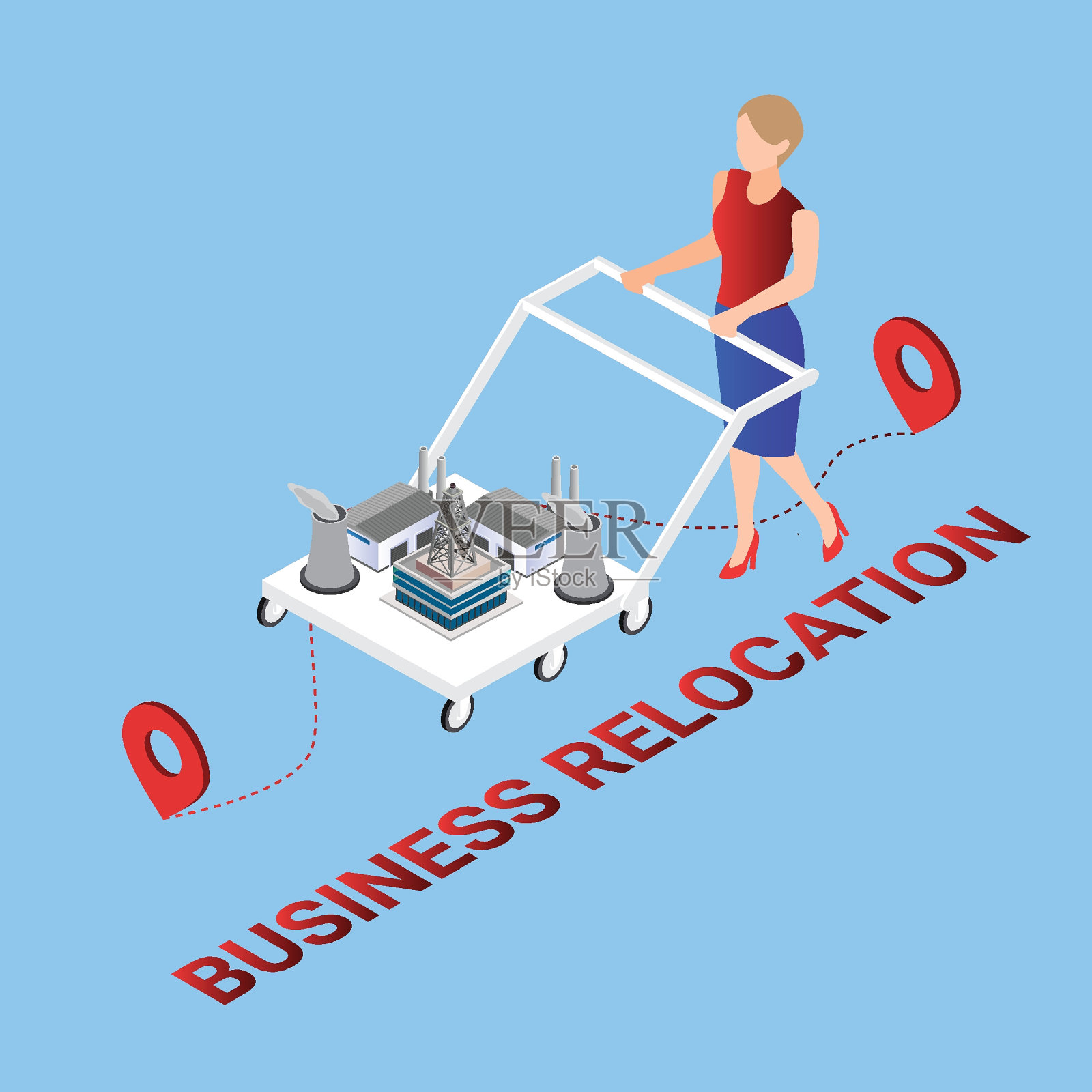 企业-工厂搬迁的三维等距插画图片素材