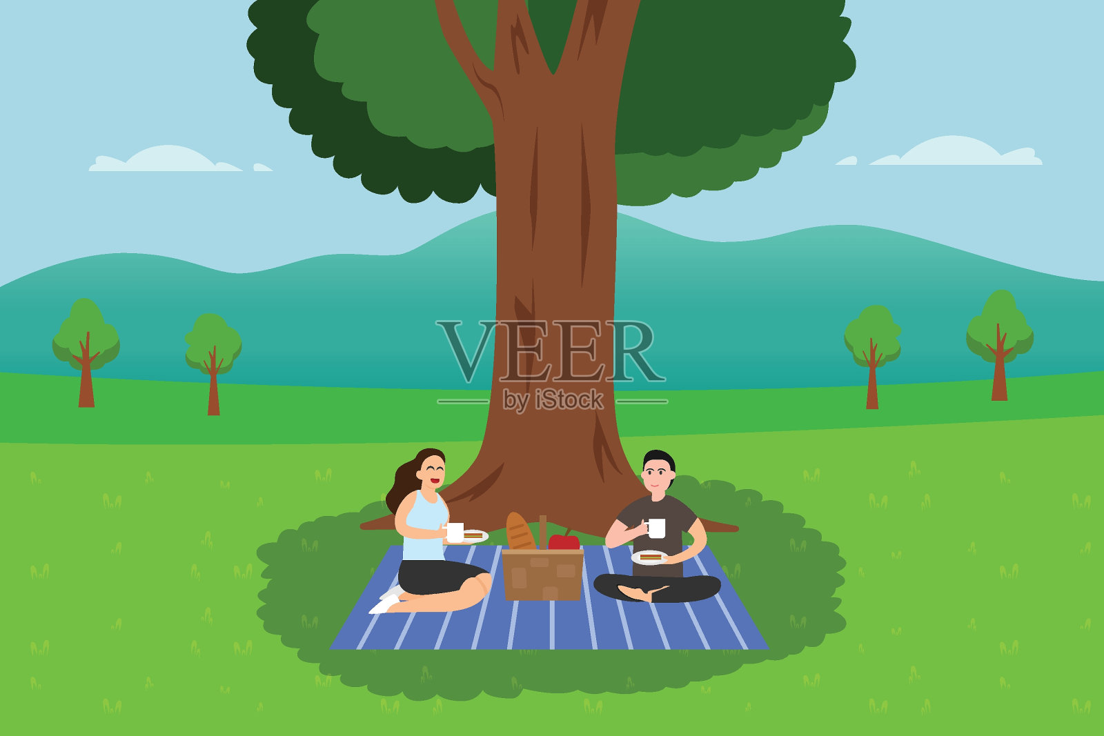 一对年轻夫妇在公园野餐时吃东西插画图片素材