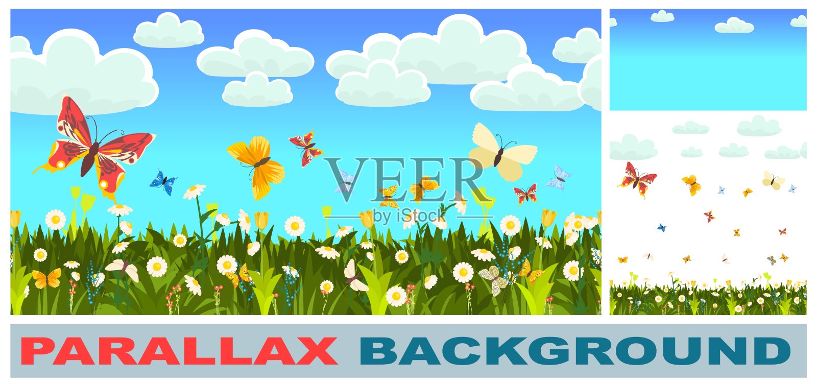 长满野花和蝴蝶的草地。设置为视差效果。无缝的插图。草特写。绿色景观。夏天的天空。卡通风格。平面设计。花。矢量艺术插画图片素材