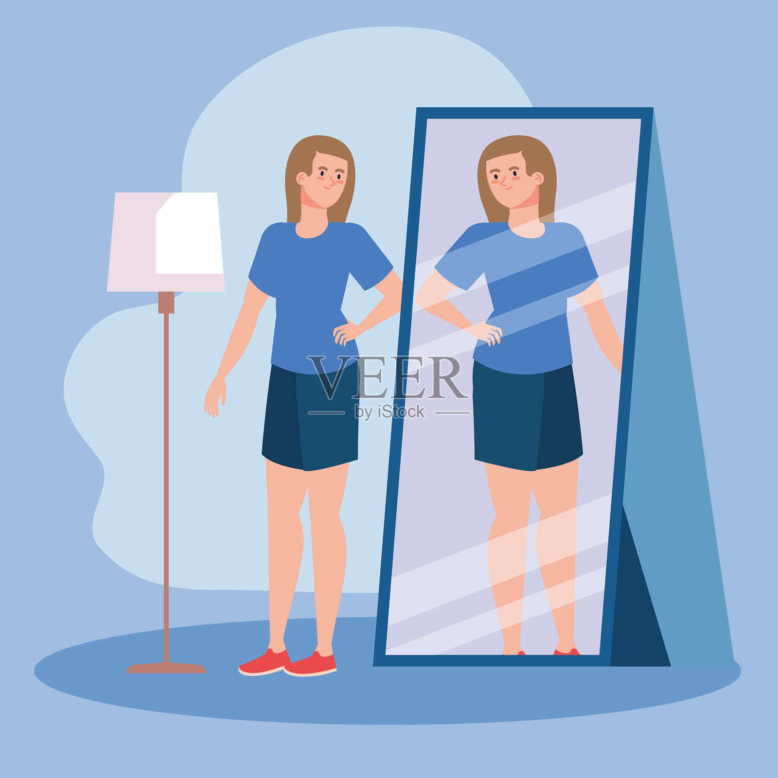 镜子里的胖女人插画图片素材