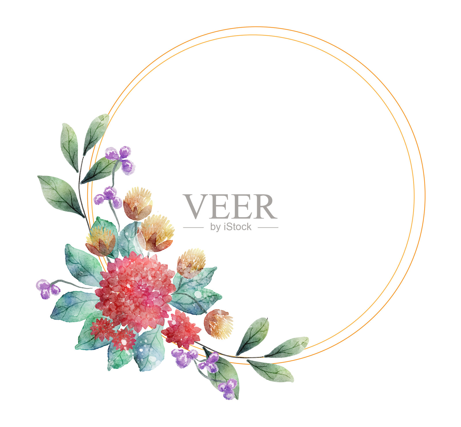 花水彩花环与花园框架。插画图片素材