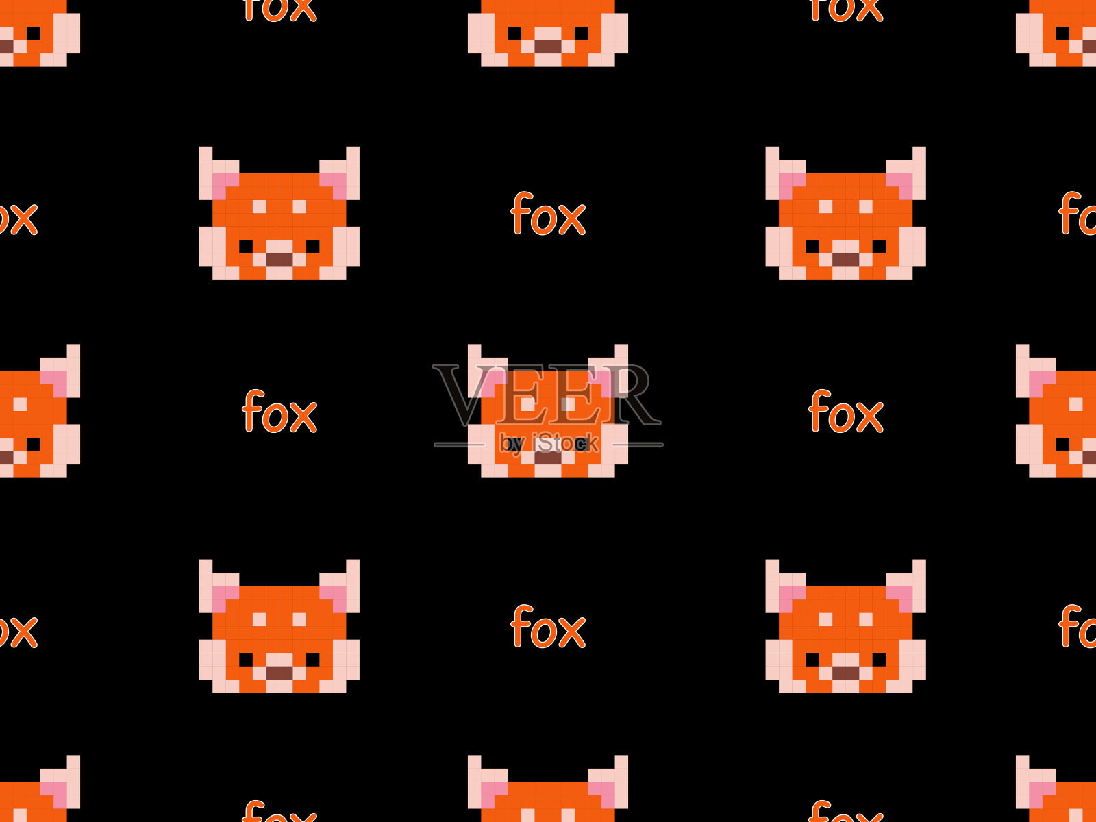 福克斯无缝模式上的黑色背景。像素风格插画图片素材