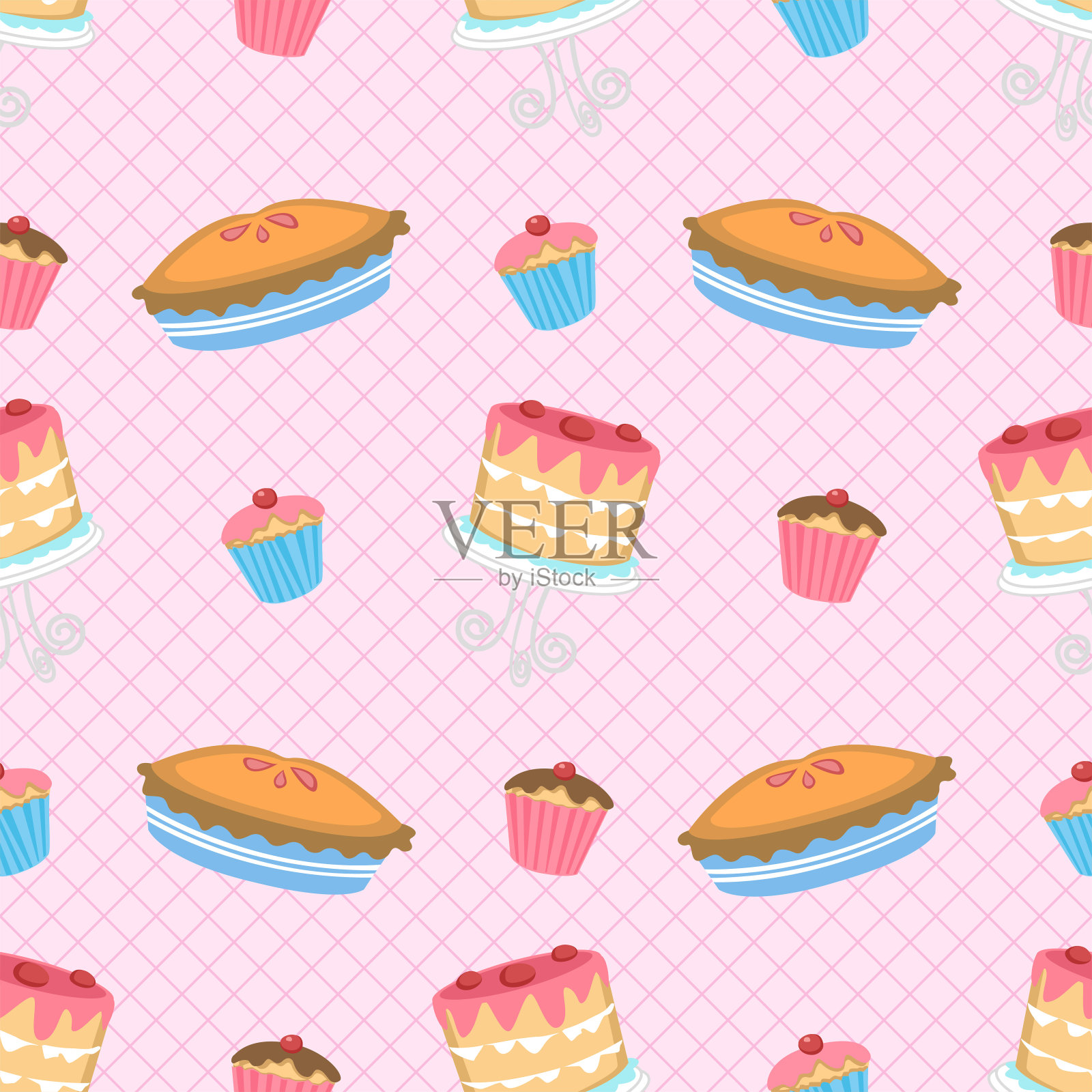 蛋糕和馅饼的无缝图案插画图片素材