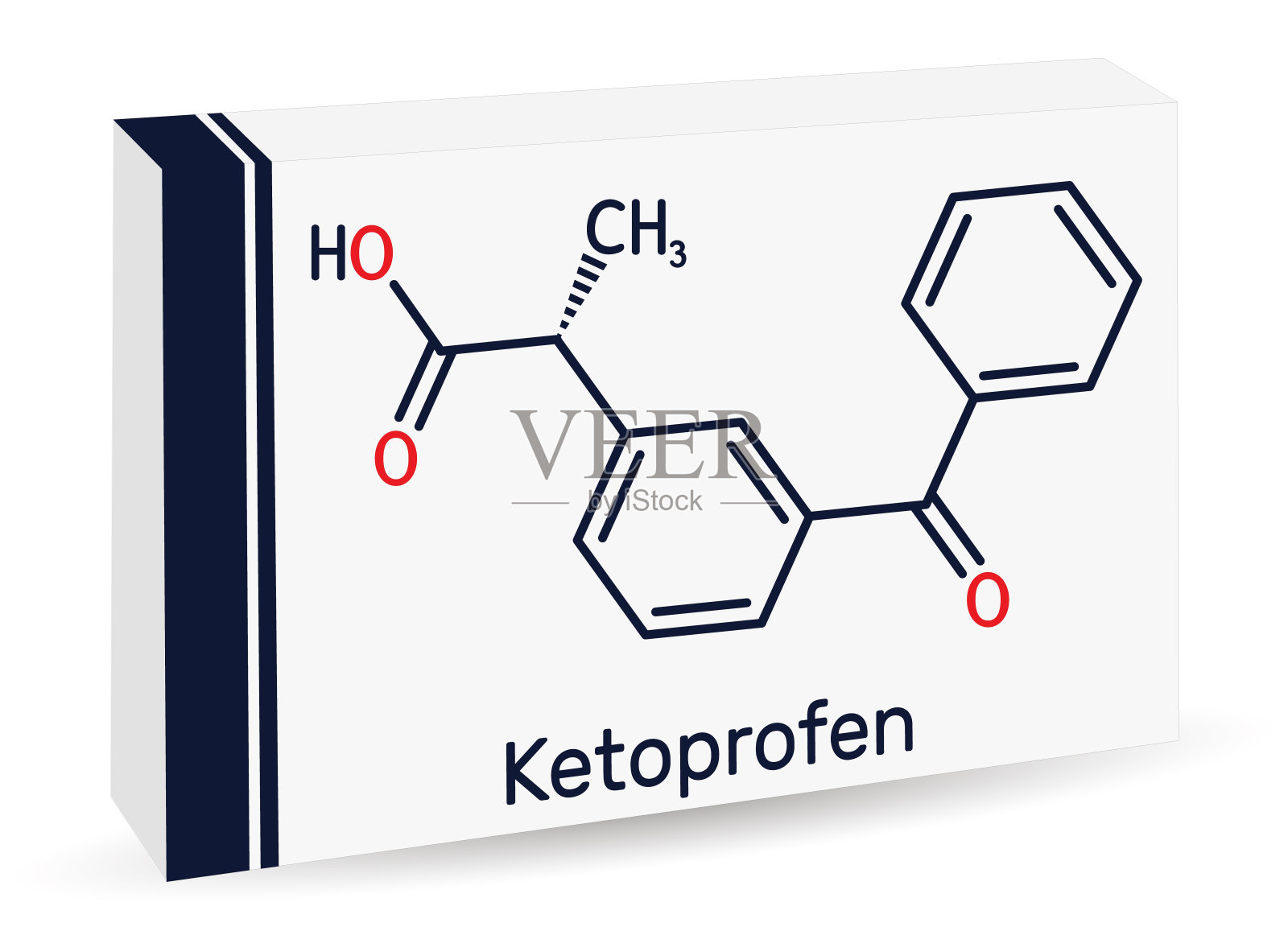 Ketoprofen分子。它是一种丙酸衍生物,非甾体抗炎药非甾体抗炎药。骨骼化学配方,药品纸包装,插画图片素材