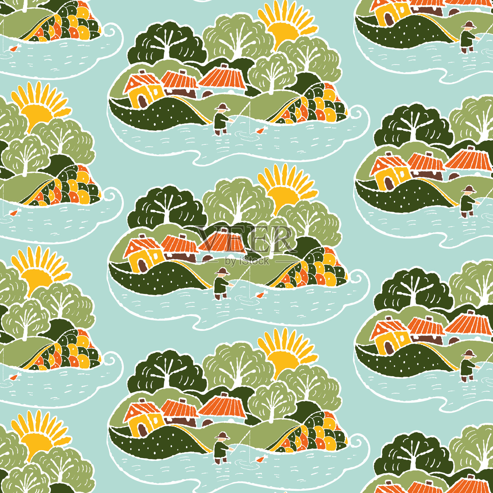 无缝图案与一个小村庄插画图片素材