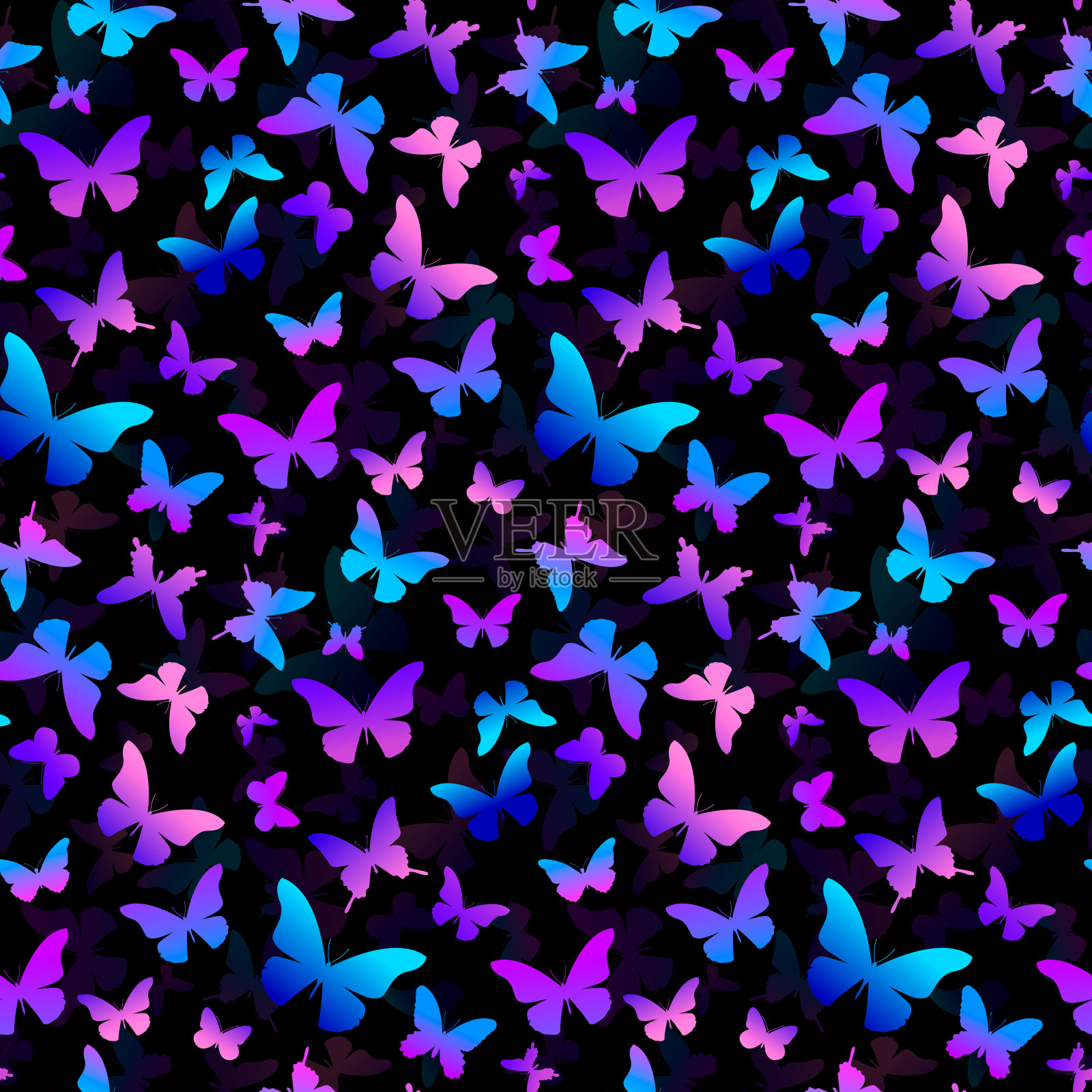 蝴蝶无缝模式。黑色背景上的彩色蝴蝶。向量。插画图片素材