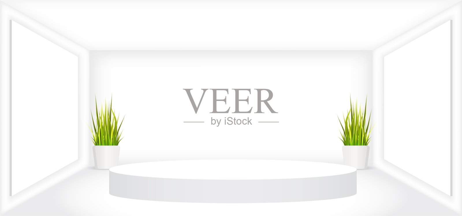 空的白色房间与白色的圆形舞台,空框图片和草花盆矢量插图。摘要三维室内背景模板设计。产品展示平台。插画图片素材