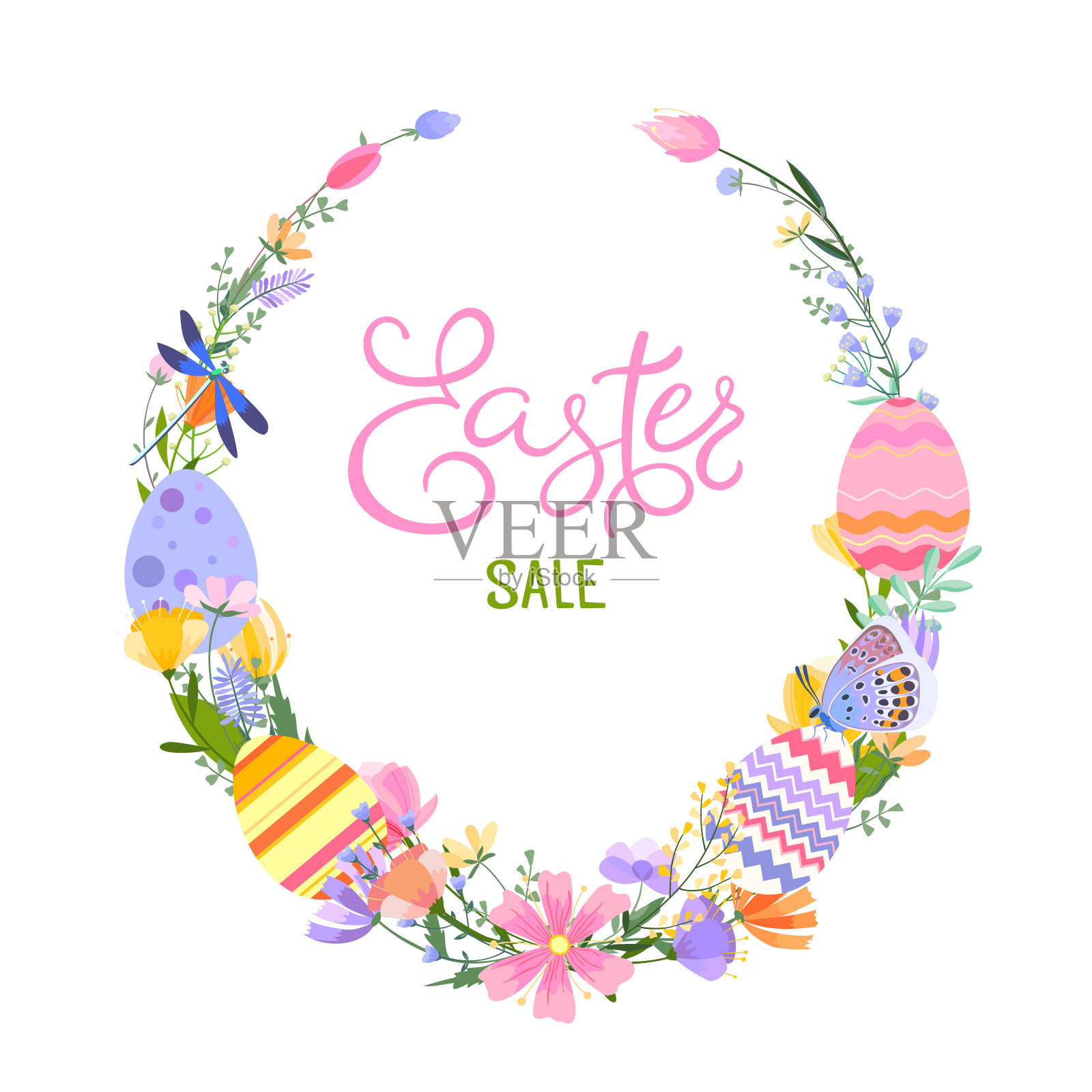 复活节春天贺卡。花环上有春天的花朵和香草,还有明亮的复活节彩蛋,一只蜻蜓和一只蝴蝶。铭文复活节销售。插画图片素材