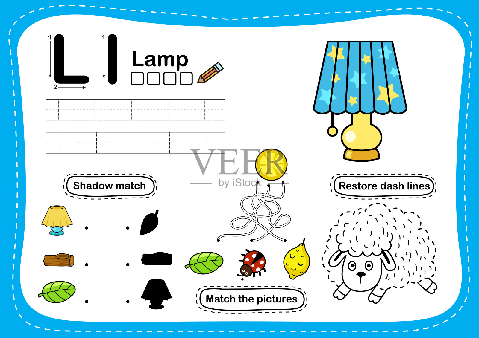 字母字母L灯练习与卡通词汇插图,矢量插画图片素材