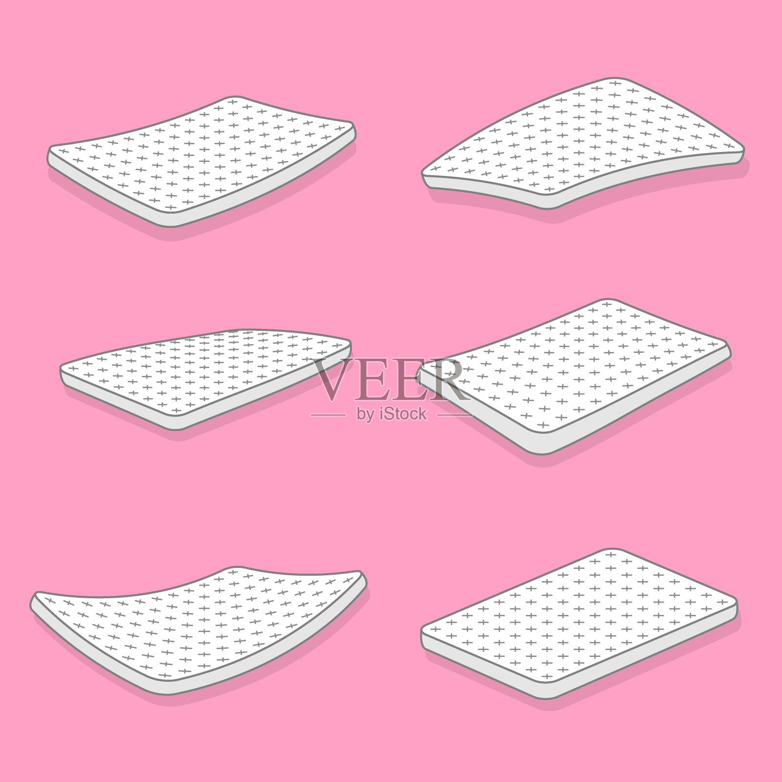床垫,蒲团或flock床现实的模型设置。顶部,侧面,四分之三的视图。大,矩形垫,支持倾斜的身体,睡觉,休息,放松。矢量床垫孤立在白色。插画图片素材