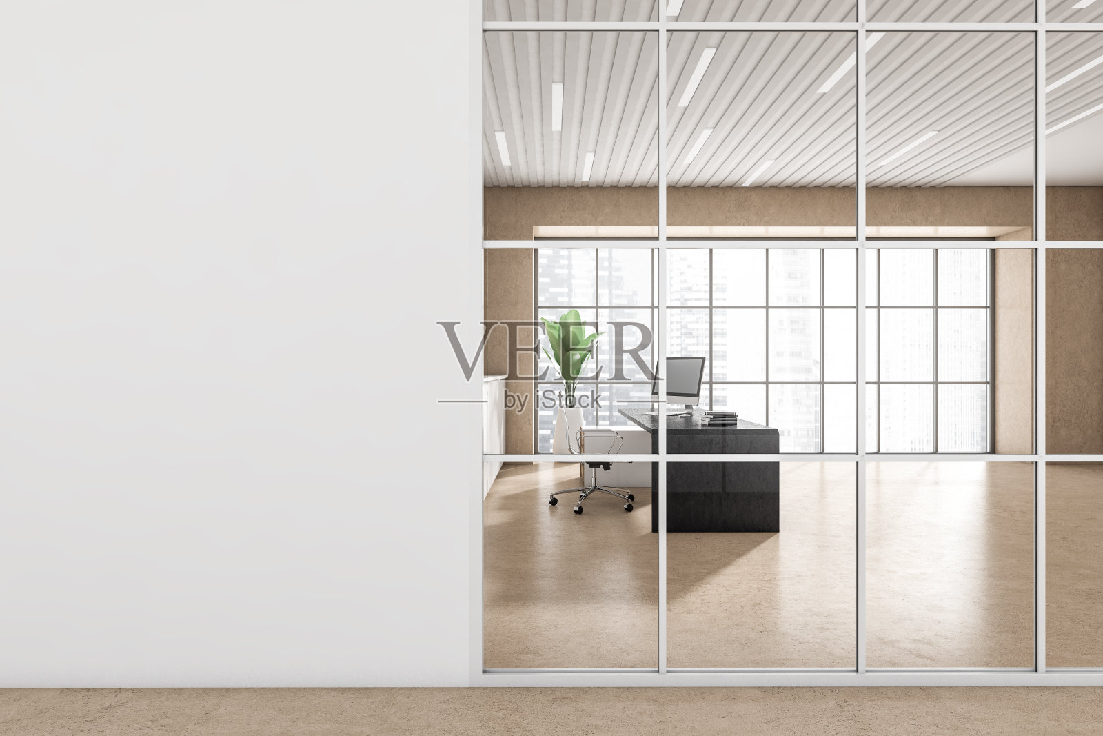 米色办公室内部的前视图与ceo桌,办公桌与台式电脑,扶手椅,全景窗户,混凝土地板。模型空墙。广告的概念。城市的观点。三维渲染照片摄影图片