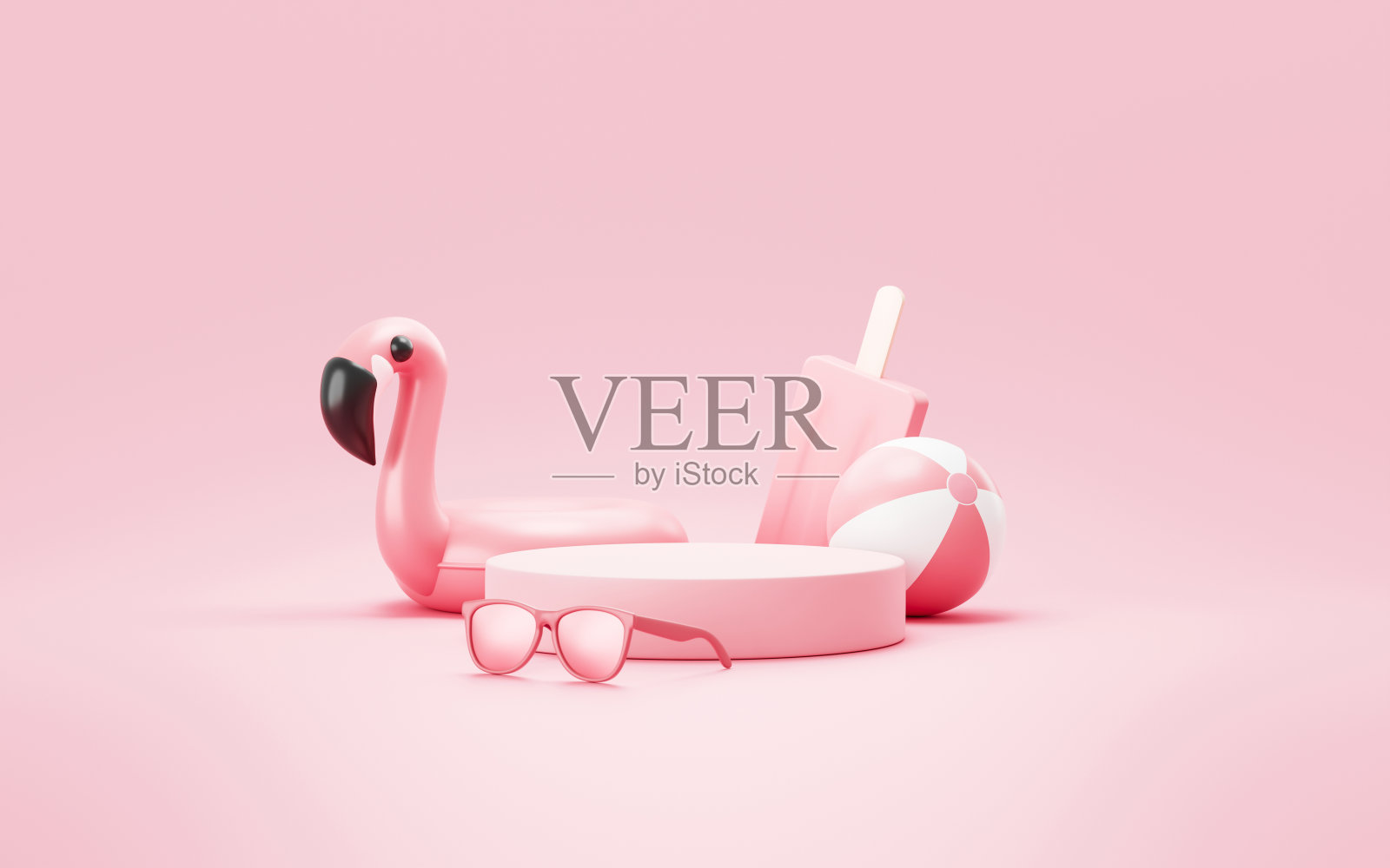 粉色火烈鸟3d平台产品夏季背景展示粉彩化妆品平台舞台或空热带展示艺术模板模型和最小的广告基座站在海滩的背景。照片摄影图片