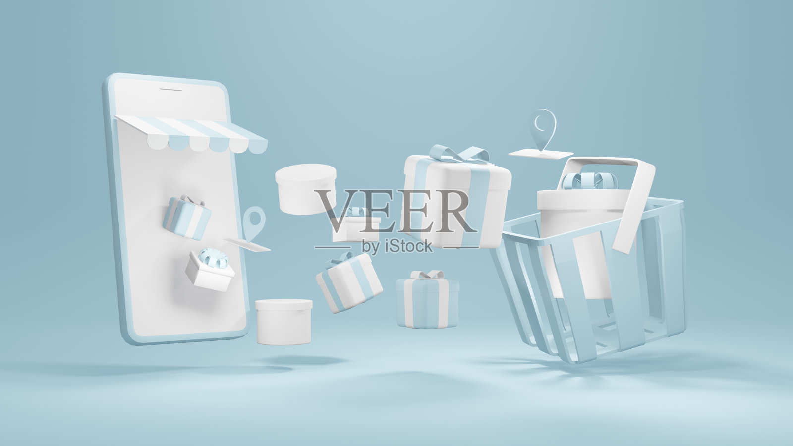 电子商务、网购3D渲染概念:智能手机配礼品盒用于商业设计。3 d渲染。照片摄影图片