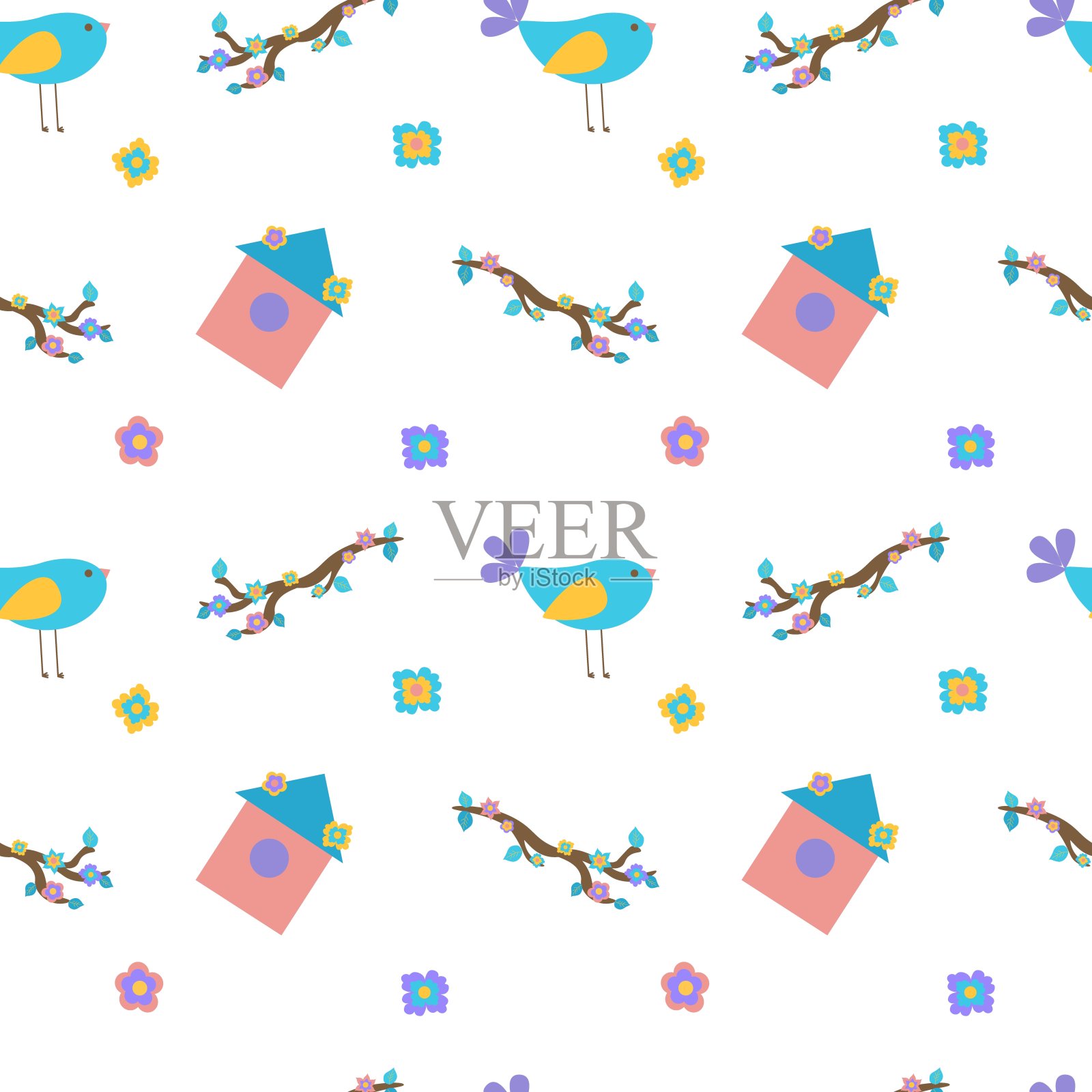 无缝春天插画与鸟,花和鸟的房子。用于纺织品或包装纸。平坦的插图。插画图片素材