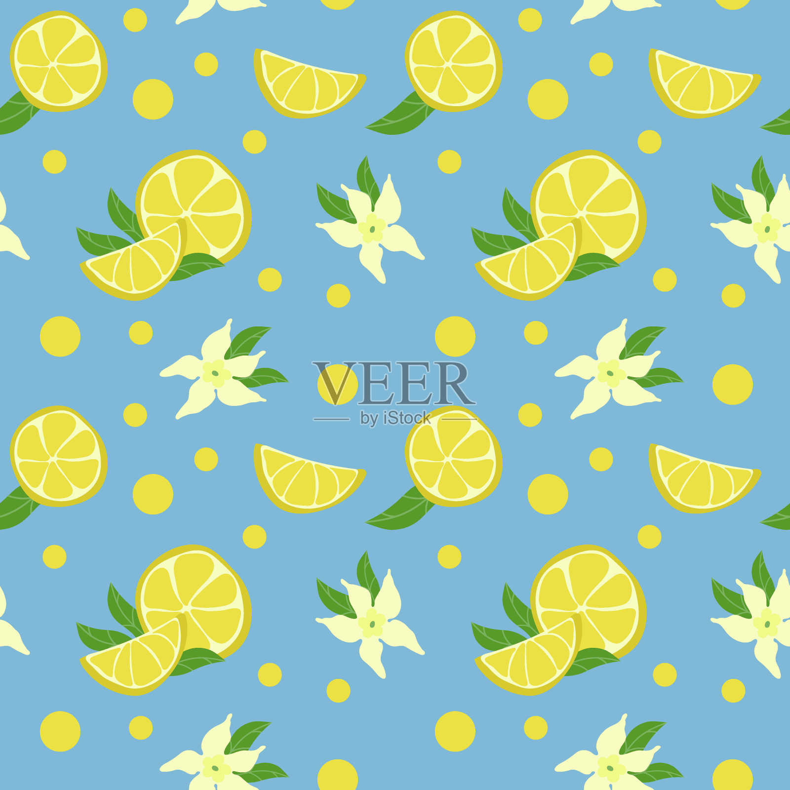 无缝图案的柠檬,花朵和豌豆,手绘元素。夏天。柠檬片和圆圈。黄色柠檬,叶子和花在蓝色的背景上。柑橘类。柠檬水。插画图片素材