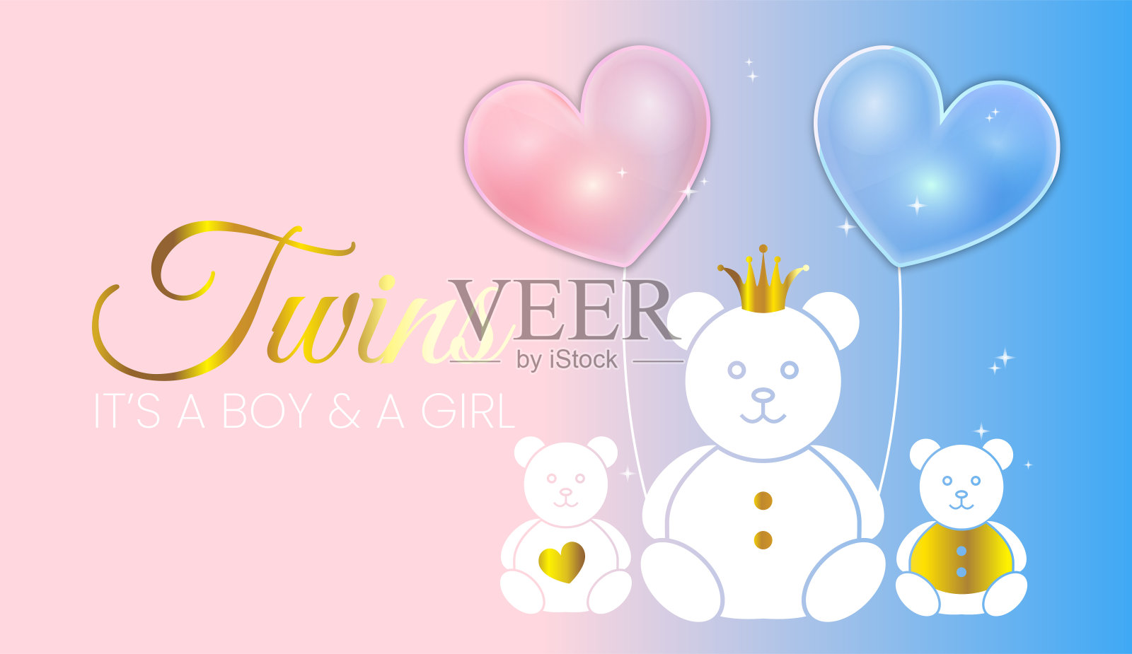 可爱的婴儿淋浴邀请设计。蓝色和粉色双胞胎这是一个女孩和一个男孩矢量插图与黄金熊和心气球的女孩和男孩插画图片素材