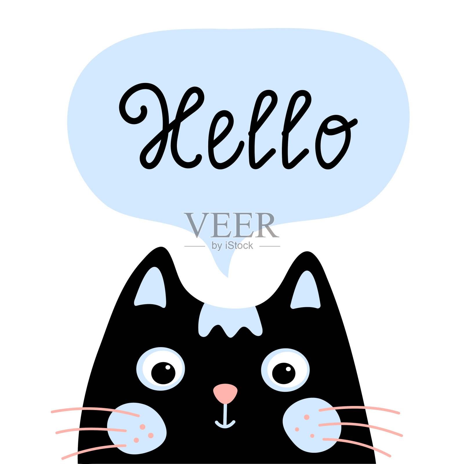 可爱可爱的黑猫与语音泡泡手写文本你好。有趣的卡通人物。婴儿卡插画图片素材