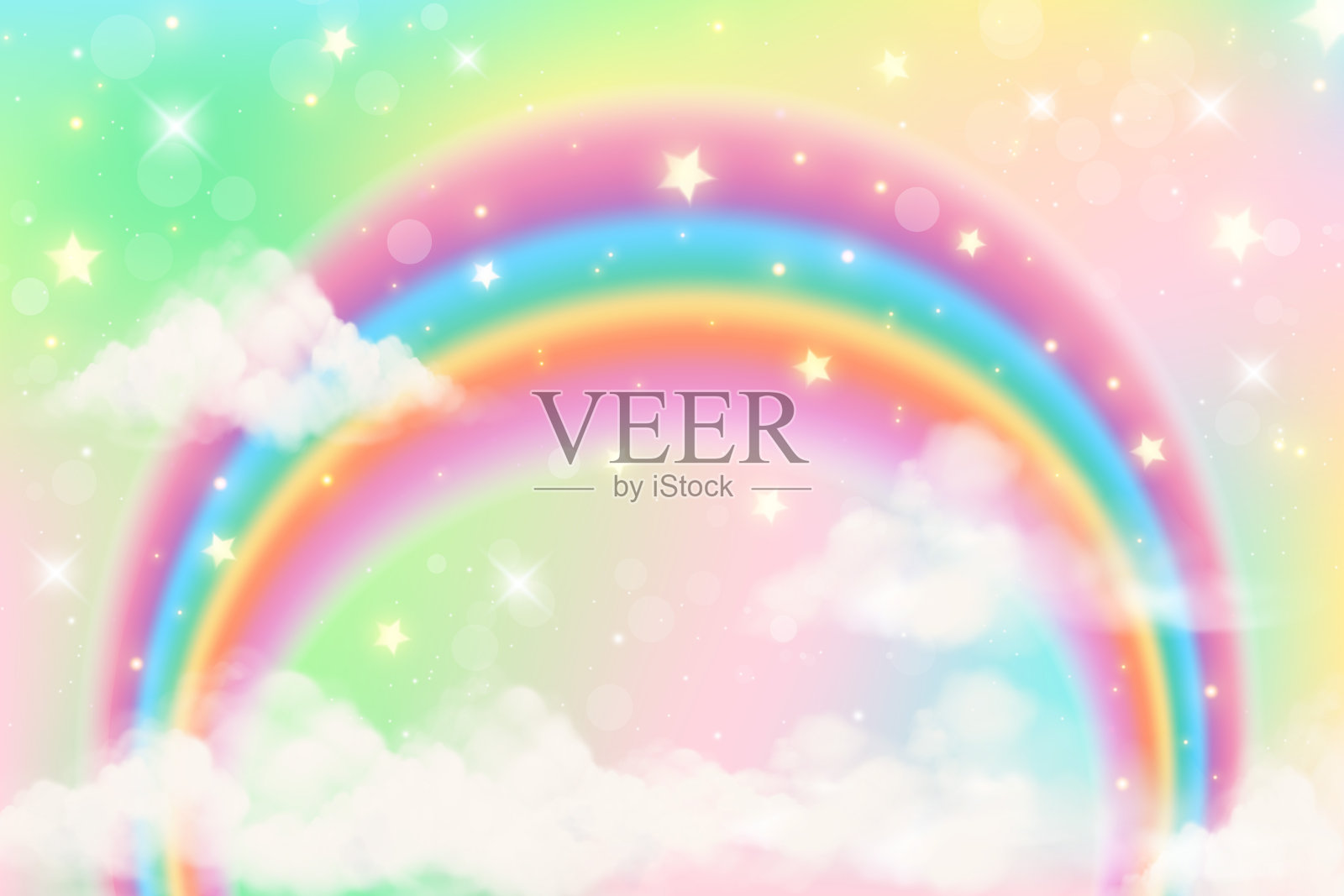 全息幻想彩虹独角兽背景与云。淡色的天空。神奇的景观,抽象的神话般的图案。可爱的糖果壁纸。向量。设计元素图片