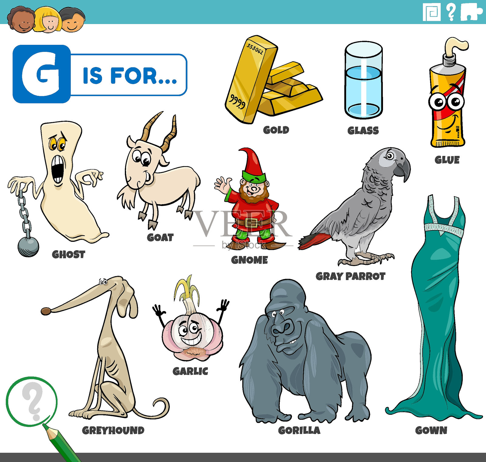 字母g单词,带有卡通人物的教育套装设计元素图片