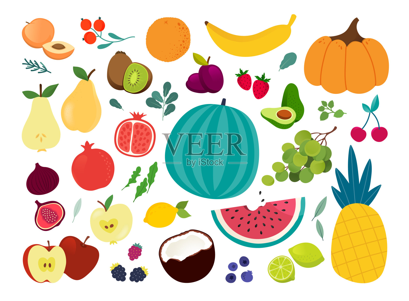 收集充满活力的颜色水果插图。平面风格全矢量绘图集插画图片素材